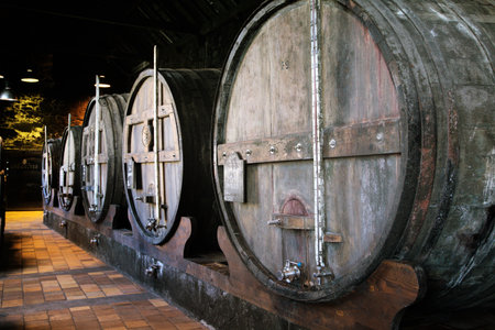 Porto, Portugal - April 4, 2017 - Wine cellar in Porto, viewing large wooden barrels used for aging...