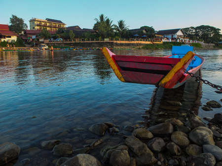 A boat on laos river のeditorial素材