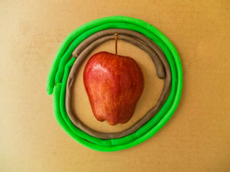red apple in plasticine circle on isoled brown backgroundの写真素材