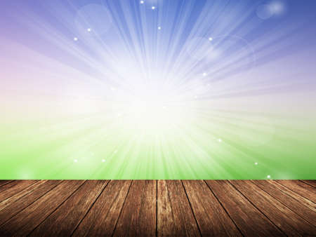 Empty wood table over blurred nature with bokeh background, product display templateの写真素材