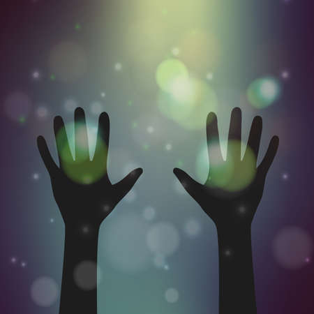 hand silhouette on blurry bokeh background,illustration,Religion conceptのイラスト素材