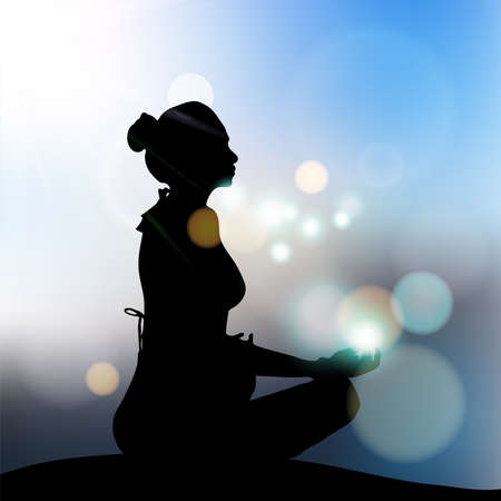 Woman meditating in sitting yoga position on the top of a mountains above clouds at blurry sunset background. Zen,Health good conceptのイラスト素材