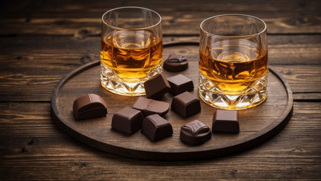 Tasting of single malt Scotch whisky on old wooden table with chocolate candies, close upの素材