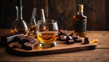 Whiskey and chocolate on a wooden background. Toned.の素材