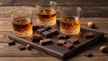 Glasses of whiskey with ice cubes and chocolate pieces on wooden backgroundの素材