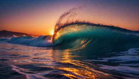 Ocean wave at sunset. Beautiful ocean wave at sunset with splashesの素材
