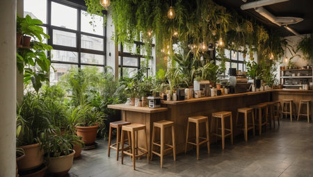 Interior of a coffee shop with green plants and wooden tables.の素材