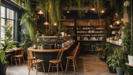 Interior of a modern coffee shop, coffee shop with green plantsの素材
