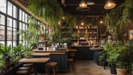 Interior of a coffee shop with bar counter and green plants.の素材