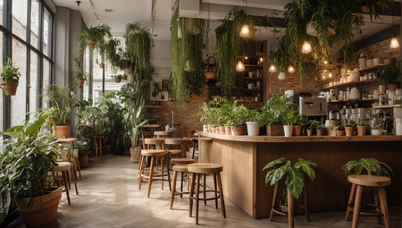 Interior of modern cafe with wooden tables, chairs and plants.の素材