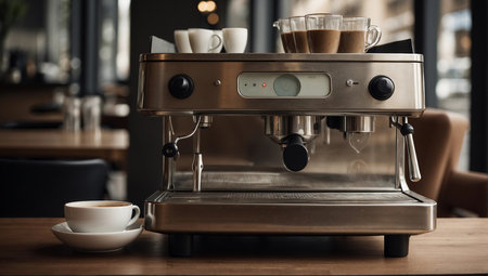 Coffee machine with cups of coffee on wooden table in cafeの素材
