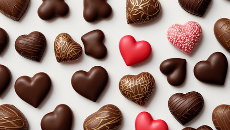 Valentine's Day background with chocolate hearts. Top view.の素材