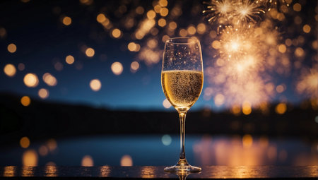 Champagne glass with fireworks and bokeh lights on the backgroundの素材