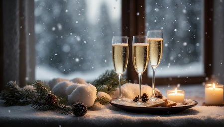 Two glasses of champagne on a winter window background. New Year concept.の素材