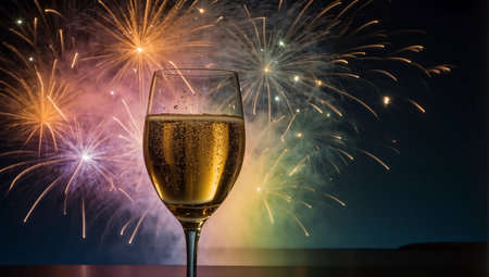 Glass of champagne with fireworks on black background, new year celebration conceptの素材