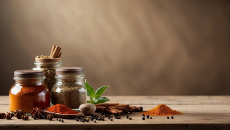 Spices and herbs on wooden table. Food and cuisine ingredients. copy spaceの素材