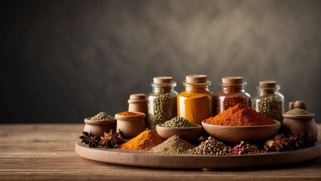 Spices and herbs on wooden table. Food and cuisine ingredients. copy spaceの素材