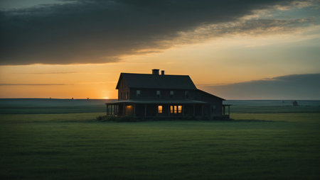 Sunset in the field with a house in the foreground and a cloudy skyの素材