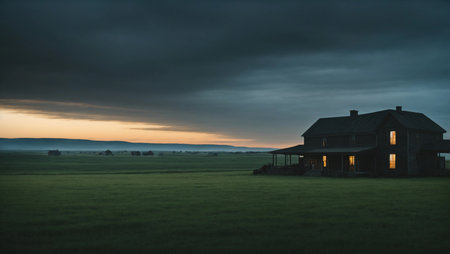 Landscape with a cottage in the field at sunset. Long exposureの素材