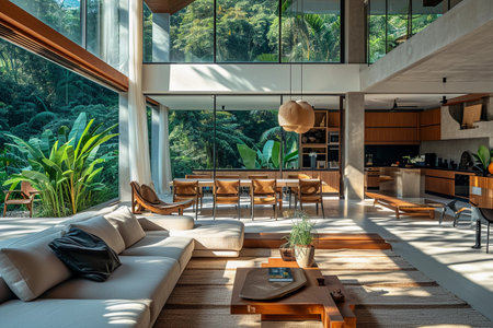 interior of modern house, living room, dining room and kitchenの素材