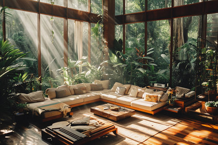 Interior design of living room with wooden sofa and coffee table in tropical gardenの素材
