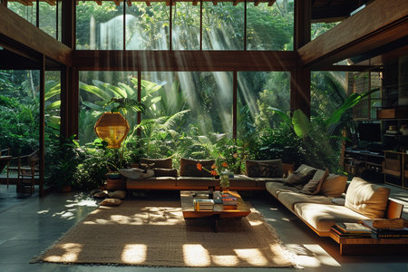 Interior of modern living room with beautiful tropical plants and sunlight.の素材