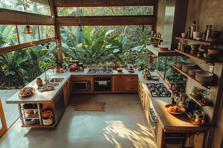 Interior of a rustic kitchen in a tropical country house.の素材