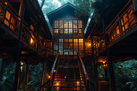 Wooden house in the forest at night in Thailand, Asia.の素材