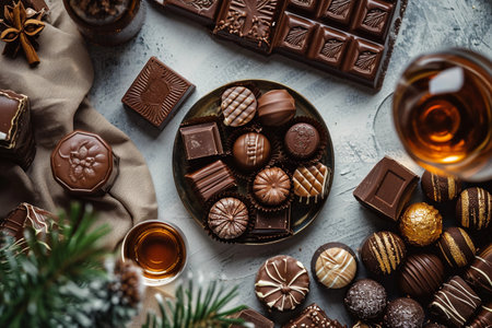 Assortment of delicious chocolate candies and glass of cognac, top viewの素材