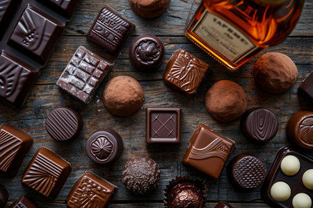 Assorted chocolates on a dark wooden background, top viewの素材