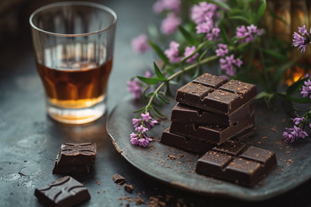 Glass of whiskey with dark chocolate and fresh lavender flowers on dark backgroundの素材