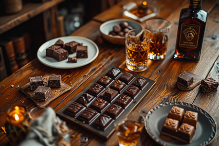 Chocolate bars on a wooden table with a glass of whiskey.の素材