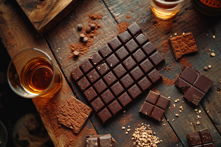 chocolate bar and a glass of whiskey on a dark wooden backgroundの素材