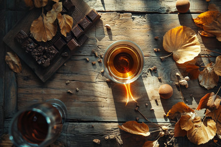 A glass of whiskey on a wooden table with autumn leaves and chocolateの素材