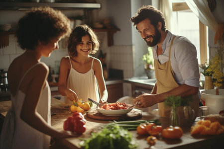 Happy family cooking together in the kitchen at home. Man and woman are preparing food.の素材