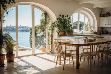 Dining table and chairs on terrace of luxury house with sea viewの素材