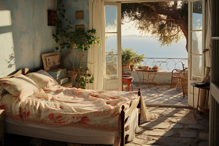 Interior of a bedroom with a large window overlooking the sea.の素材