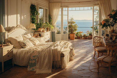 Luxury bedroom interior with large window overlooking the sea, furniture and plants.の素材