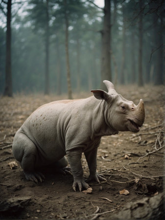 Albino rhinoceros mutated in the forest. Wild animal in the nature.の素材