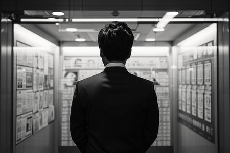 Businessman looking at a wall of a business planning in black and whiteの素材