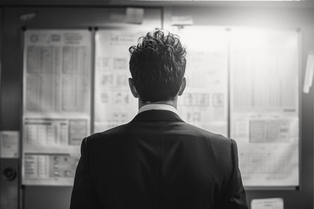 Businessman looking at a business chart in the office. Black and whiteの素材