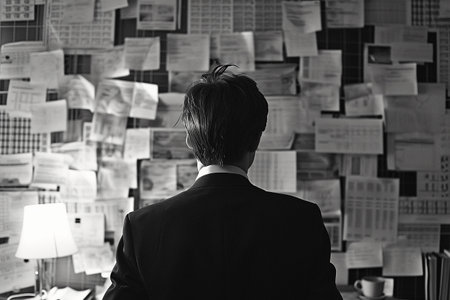 Businessman in front of a wall full of papers business planning . Black and whiteの素材