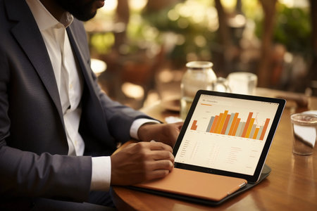 Businessman analyzing investment charts on digital tablet in cafe, closeupの素材