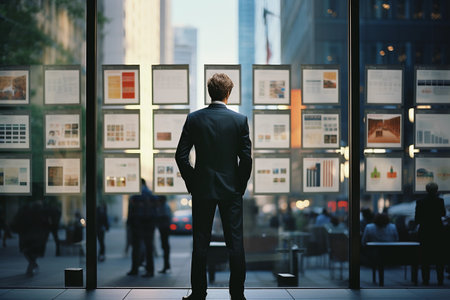 Businessman Looking At Photo On Glass Showcase In Modern Office Buildingの素材