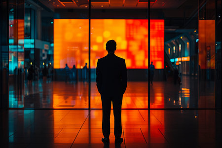 Silhouette of a businessman standing in the corridor of an office buildingの素材