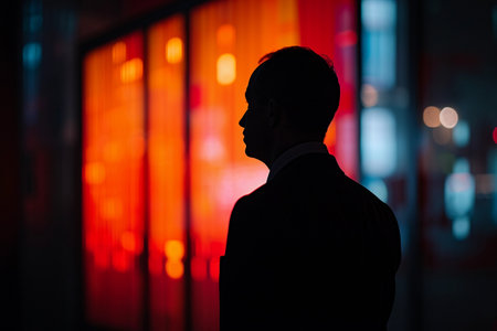 Silhouette of a businessman standing in front of a wall with red lightの素材