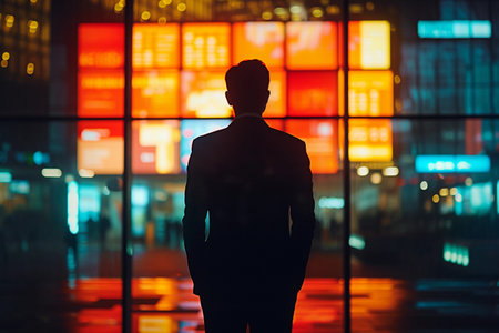 Silhouette of a businessman standing in an office building at nightの素材