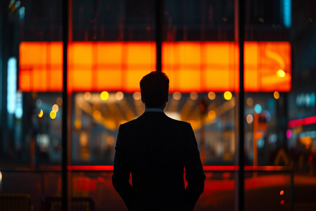 Back view of a businessman standing in front of a window at nightの素材