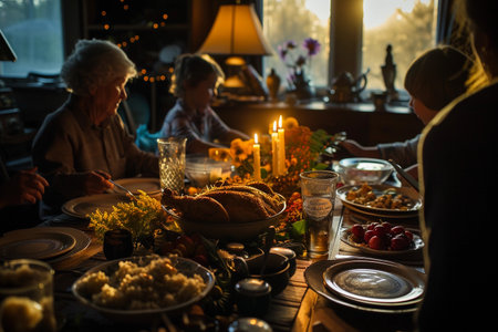 Elderly people celebrating Thanksgiving dinner at home. Selective focus.の素材