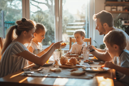 happy family having breakfast together at home in the kitchen at the tableの素材